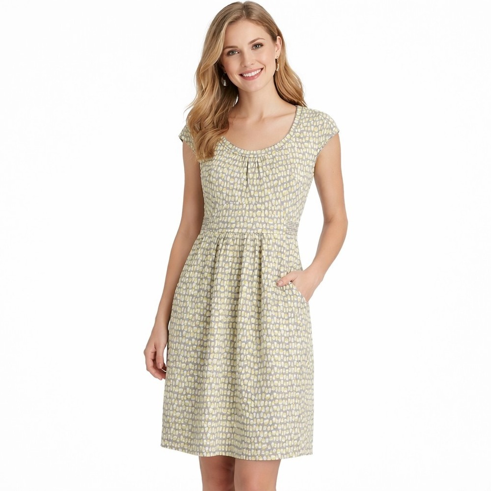 BODEN US 4/UK 8 Margot Dress Gray Yellow Geo Print Cap Sleeve Jersey Scoop Neck